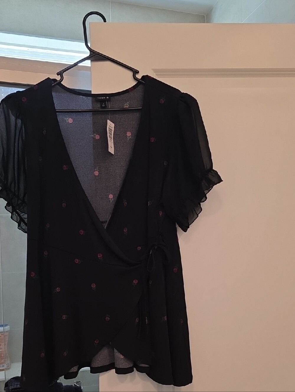 torrid Black Wrap Blouse with Small Red Roses